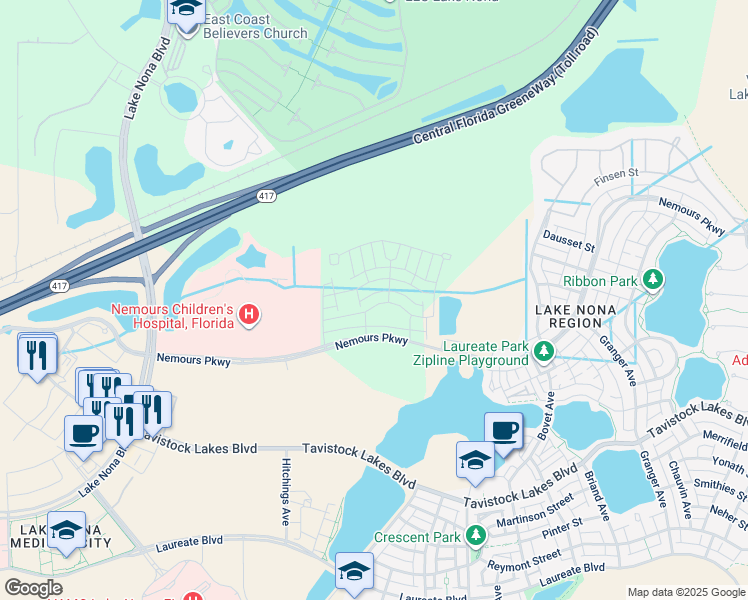 map of restaurants, bars, coffee shops, grocery stores, and more near 6879 Arnoldson Street in Orlando