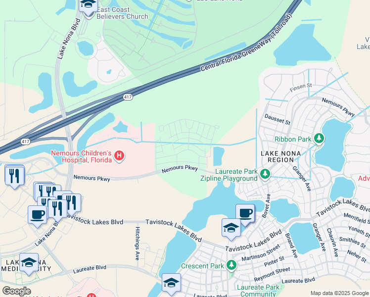 map of restaurants, bars, coffee shops, grocery stores, and more near 6879 Arnoldson Street in Orlando