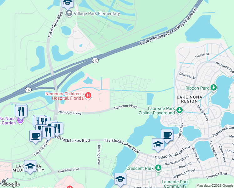 map of restaurants, bars, coffee shops, grocery stores, and more near 13869 Lippman Alley in Orlando