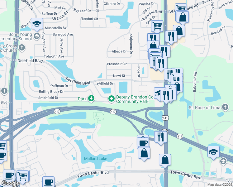 map of restaurants, bars, coffee shops, grocery stores, and more near 12682 Newfield Drive in Orlando