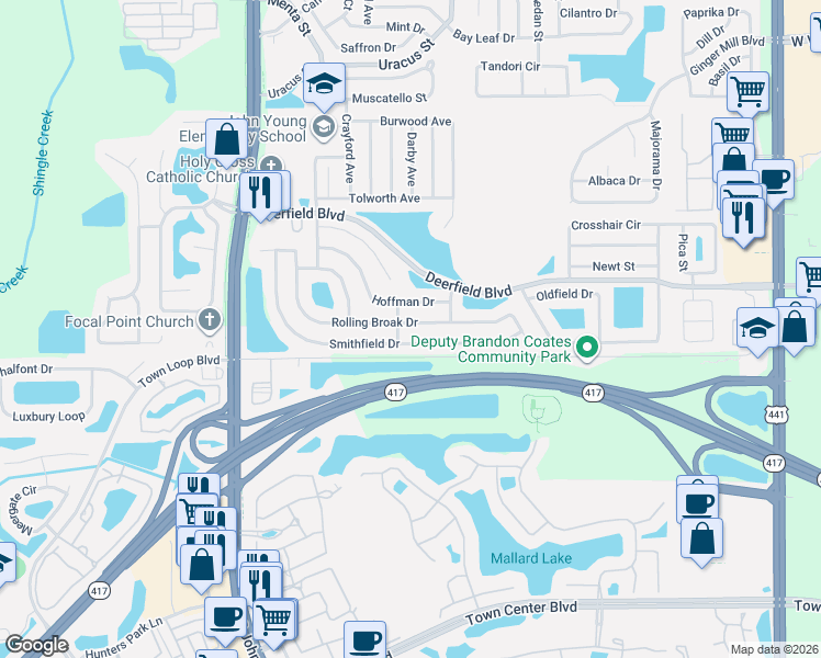 map of restaurants, bars, coffee shops, grocery stores, and more near 2629 Smithfield Drive in Orlando