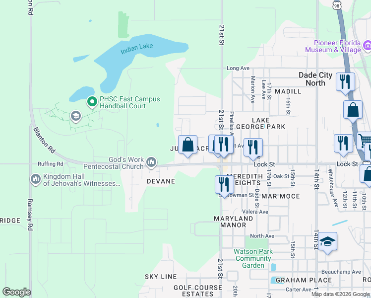 map of restaurants, bars, coffee shops, grocery stores, and more near 15031 Byron Street in Dade City