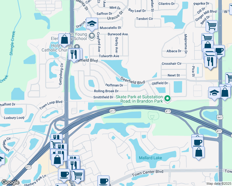 map of restaurants, bars, coffee shops, grocery stores, and more near 2640 Rolling Broak Drive in Orlando