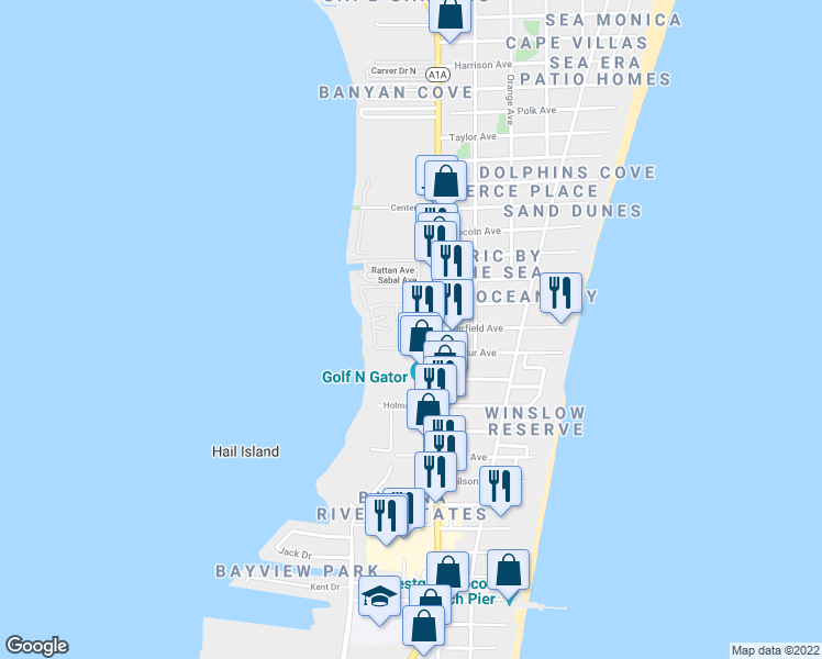 map of restaurants, bars, coffee shops, grocery stores, and more near 6500 Falcon Way in Cape Canaveral