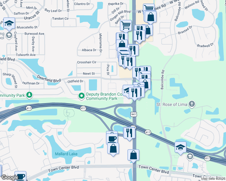 map of restaurants, bars, coffee shops, grocery stores, and more near 12961 Broakfield Circle in Orlando
