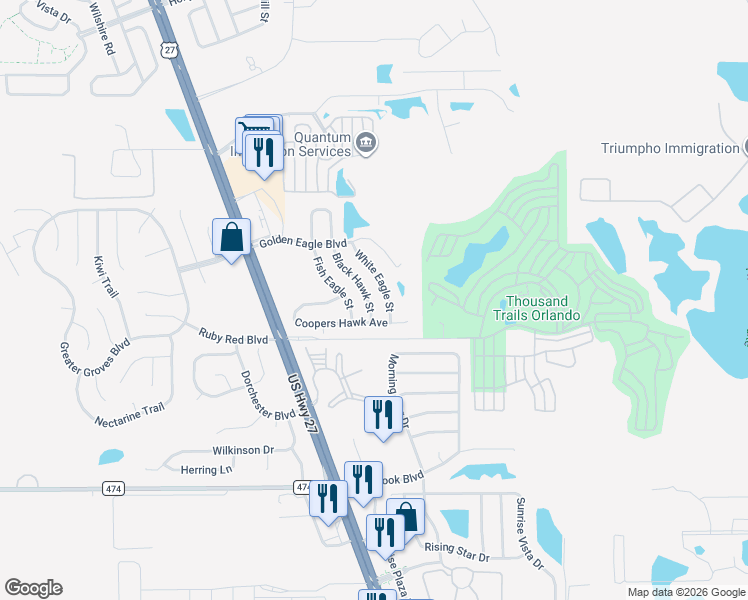 map of restaurants, bars, coffee shops, grocery stores, and more near 2033 Fish Eagle Street in Clermont