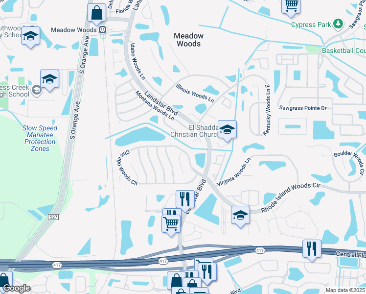 map of restaurants, bars, coffee shops, grocery stores, and more near 435 Chicago Woods Circle in Orlando