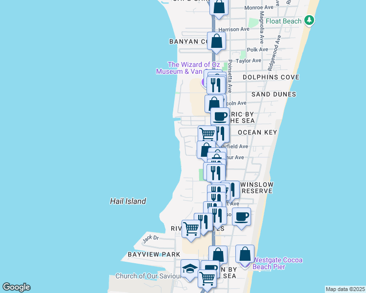 map of restaurants, bars, coffee shops, grocery stores, and more near 12 Cape Shores Circle in Cape Canaveral
