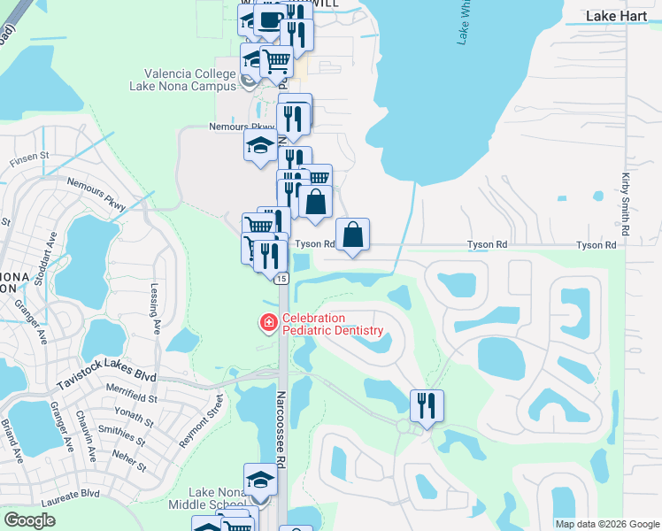 map of restaurants, bars, coffee shops, grocery stores, and more near 10148 Malpas Point in Orlando