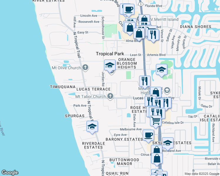 map of restaurants, bars, coffee shops, grocery stores, and more near 1155 King Street in Merritt Island