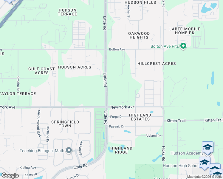 map of restaurants, bars, coffee shops, grocery stores, and more near 15125 Little Road in Hudson