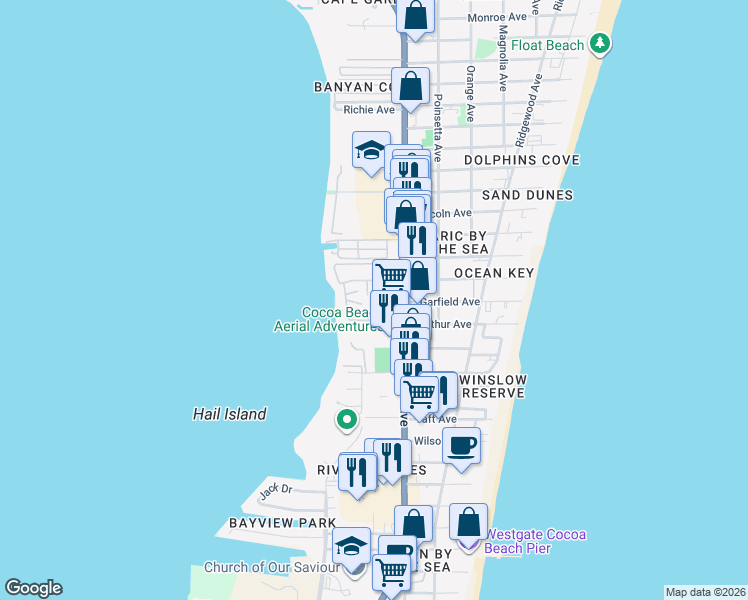 map of restaurants, bars, coffee shops, grocery stores, and more near 130 Tranquility Way in Cape Canaveral