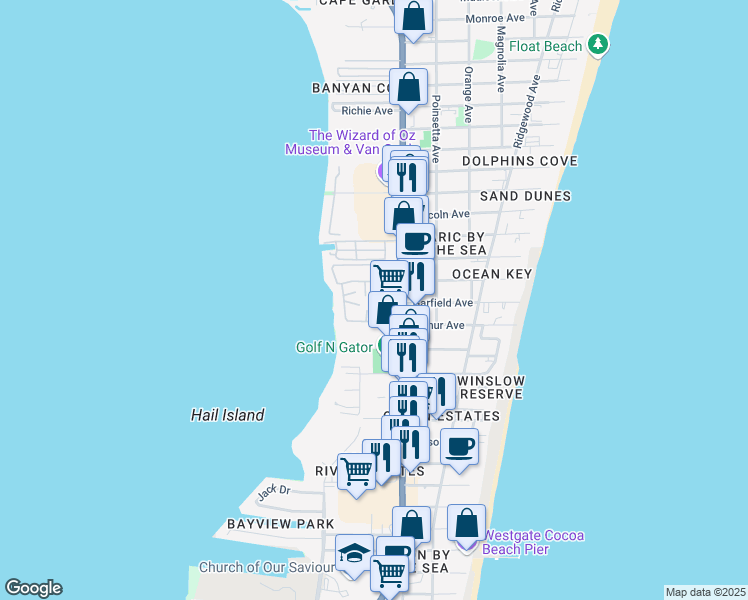 map of restaurants, bars, coffee shops, grocery stores, and more near 130 Tranquility Way in Cape Canaveral