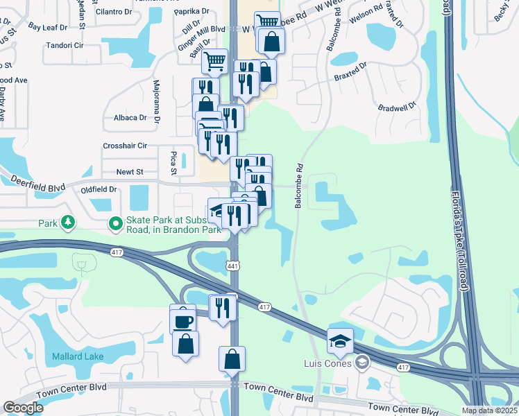 map of restaurants, bars, coffee shops, grocery stores, and more near 13043 South Orange Blossom Trail in Orlando