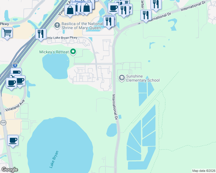 map of restaurants, bars, coffee shops, grocery stores, and more near 8151 Patterson Woods Drive in Orlando