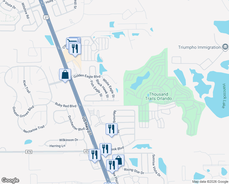 map of restaurants, bars, coffee shops, grocery stores, and more near 2046 White Eagle Street in Clermont