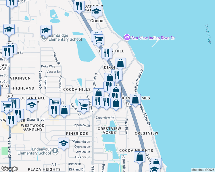 map of restaurants, bars, coffee shops, grocery stores, and more near 809 Kensington Drive in Cocoa
