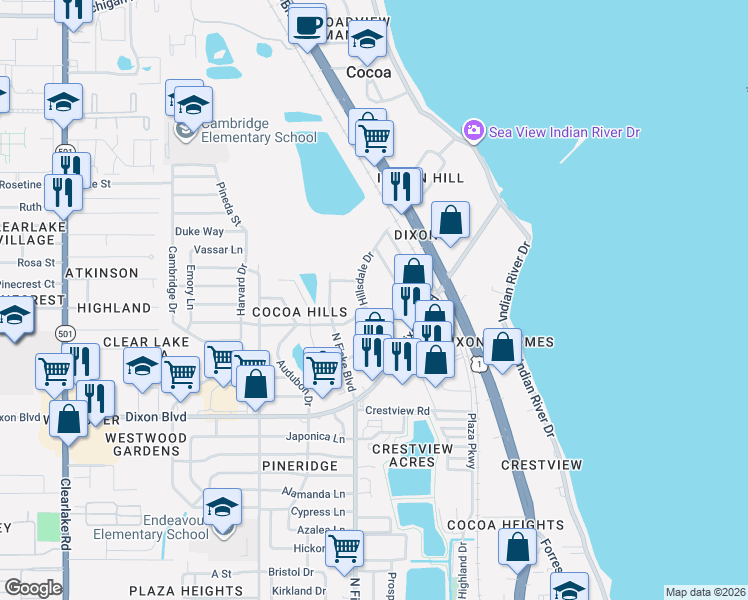 map of restaurants, bars, coffee shops, grocery stores, and more near 901 Westview Drive in Cocoa