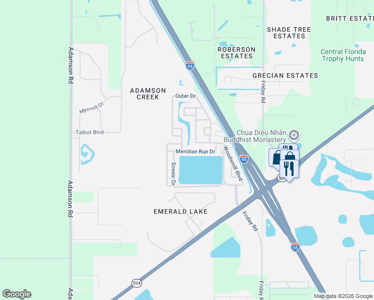 map of restaurants, bars, coffee shops, grocery stores, and more near 257 Timber Run Way in Cocoa