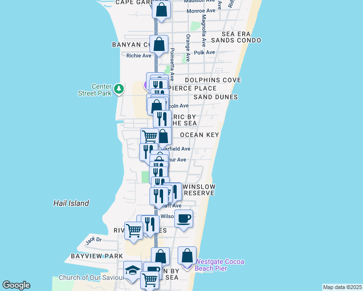 map of restaurants, bars, coffee shops, grocery stores, and more near 260 Garfield Avenue in Cocoa Beach