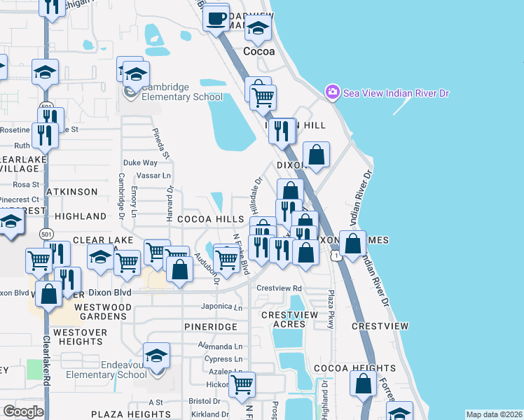 map of restaurants, bars, coffee shops, grocery stores, and more near 901 Westview Drive in Cocoa