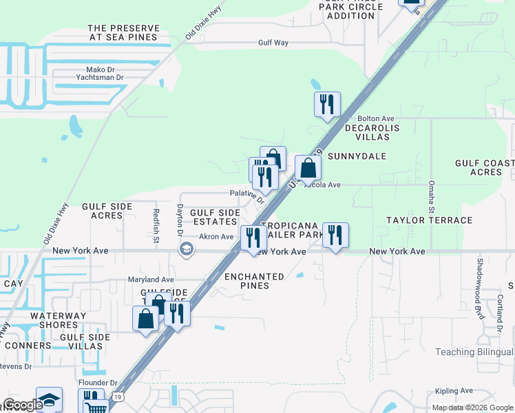 map of restaurants, bars, coffee shops, grocery stores, and more near 15127 U.S. 19 in Hudson