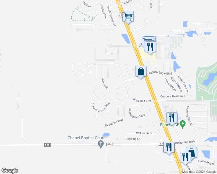 map of restaurants, bars, coffee shops, grocery stores, and more near 2124 Kiwi Trail in Clermont