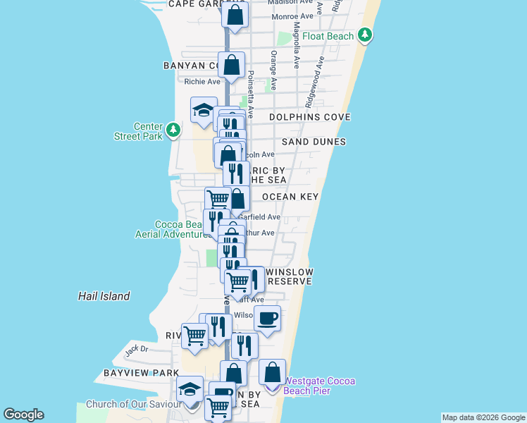 map of restaurants, bars, coffee shops, grocery stores, and more near 260 Garfield Avenue in Cocoa Beach