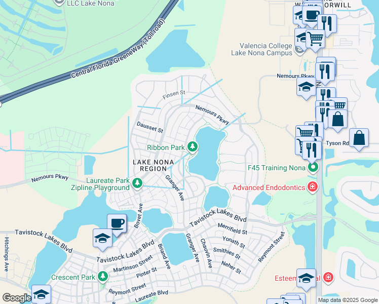 map of restaurants, bars, coffee shops, grocery stores, and more near 13303 Stoddart Avenue in Orlando