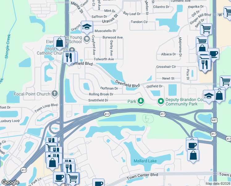 map of restaurants, bars, coffee shops, grocery stores, and more near 2629 Smithfield Drive in Orlando
