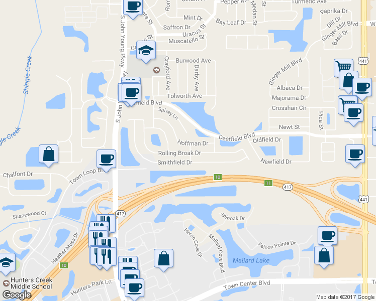 map of restaurants, bars, coffee shops, grocery stores, and more near 2705 Rolling Broak Drive in Orlando