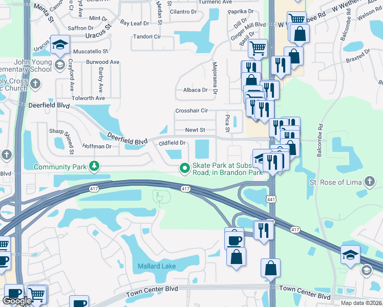map of restaurants, bars, coffee shops, grocery stores, and more near 12682 Newfield Drive in Orlando