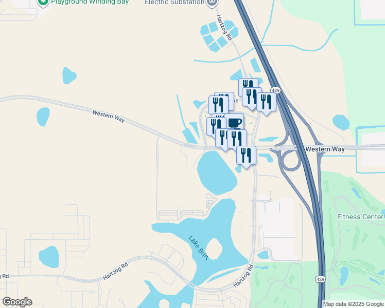 map of restaurants, bars, coffee shops, grocery stores, and more near 12840 Flamingo Crossings Boulevard in Winter Garden