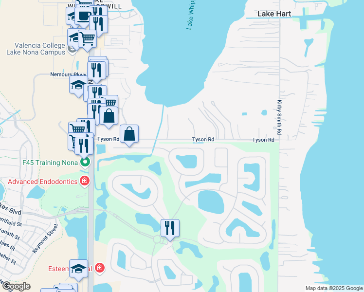 map of restaurants, bars, coffee shops, grocery stores, and more near 10212 Chorlton Circle in Orlando
