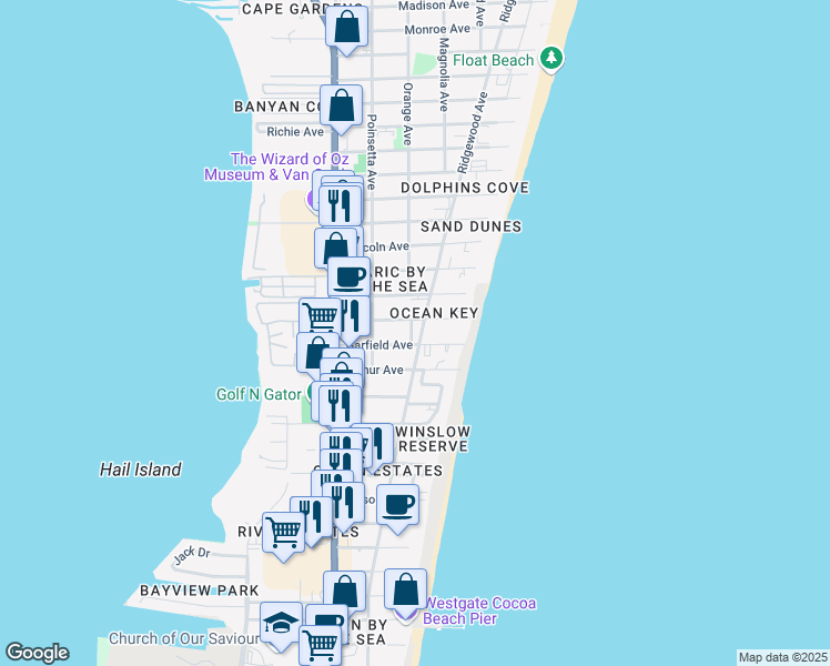 map of restaurants, bars, coffee shops, grocery stores, and more near 6507 Ridgewood Avenue in Cocoa Beach