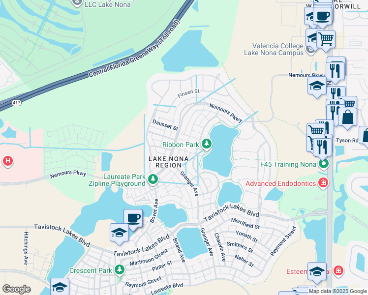 map of restaurants, bars, coffee shops, grocery stores, and more near 13308 Stoddart Avenue in Orlando
