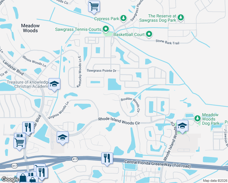 map of restaurants, bars, coffee shops, grocery stores, and more near 13017 Jesup Woods Court in Orlando