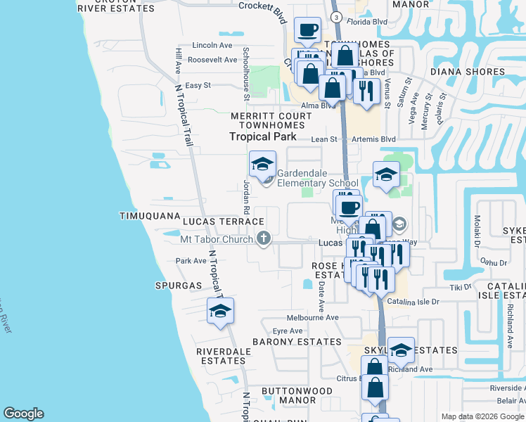 map of restaurants, bars, coffee shops, grocery stores, and more near 1155 King Street in Merritt Island
