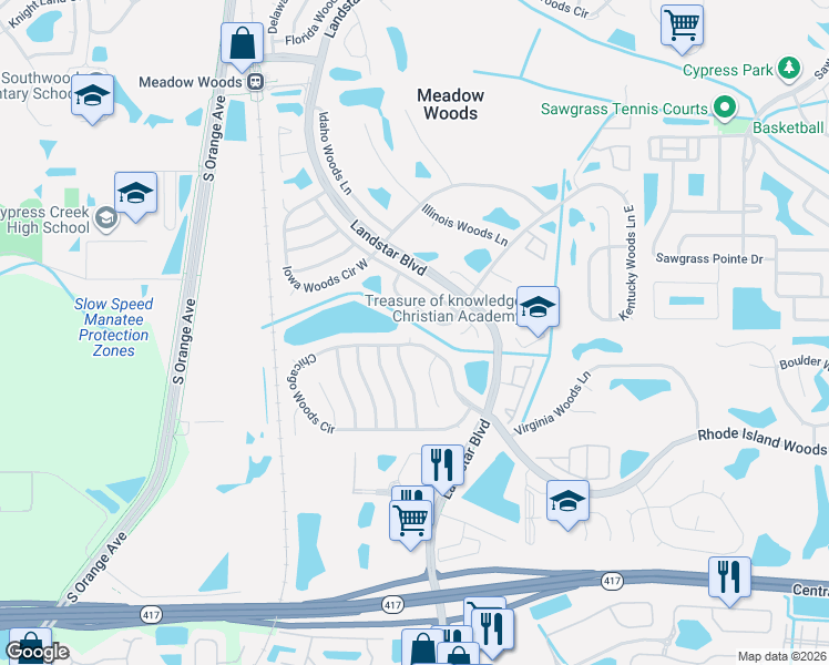 map of restaurants, bars, coffee shops, grocery stores, and more near 459 Kentucky Woods Lane East in Orlando