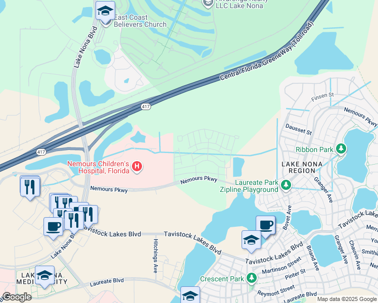 map of restaurants, bars, coffee shops, grocery stores, and more near 13703 Lippman Alley in Orlando