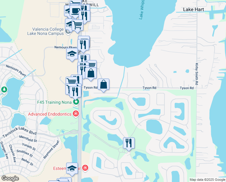 map of restaurants, bars, coffee shops, grocery stores, and more near 10351 Tyson Road in Orlando