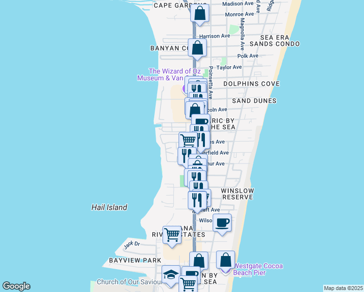map of restaurants, bars, coffee shops, grocery stores, and more near 151 Cape Shores Circle in Cape Canaveral