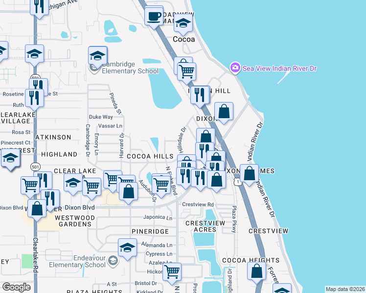 map of restaurants, bars, coffee shops, grocery stores, and more near 1412 Hillsdale Drive in Cocoa