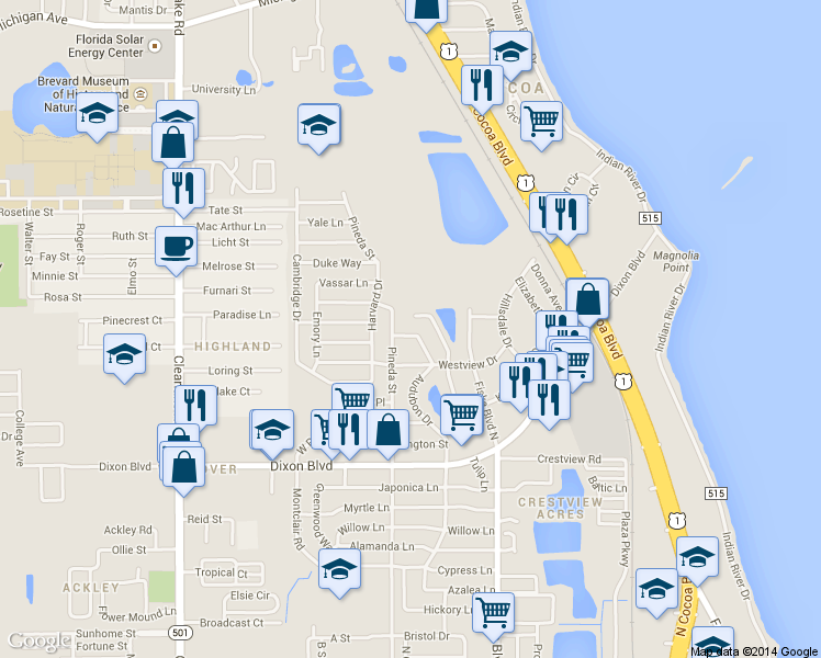 map of restaurants, bars, coffee shops, grocery stores, and more near 1608 Pineda Street in Cocoa