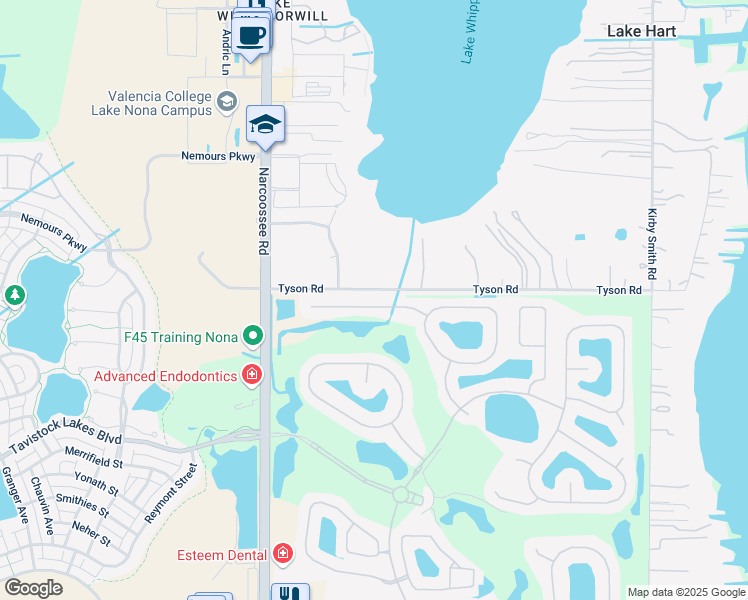 map of restaurants, bars, coffee shops, grocery stores, and more near 10351 Tyson Road in Orlando