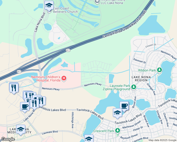 map of restaurants, bars, coffee shops, grocery stores, and more near 13703 Lippman Alley in Orlando