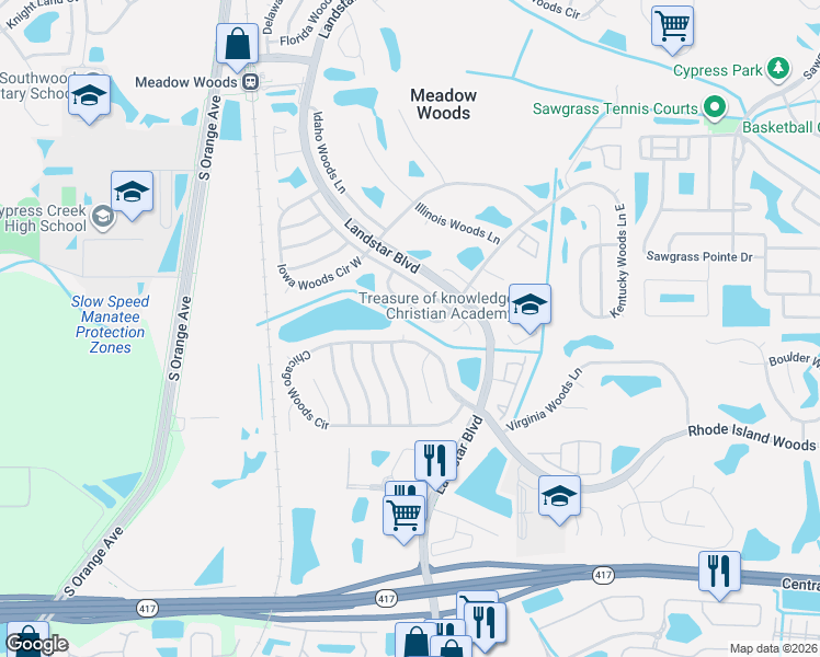 map of restaurants, bars, coffee shops, grocery stores, and more near 459 Kentucky Woods Lane East in Orlando
