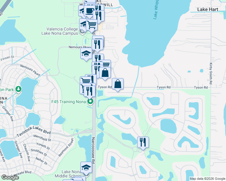 map of restaurants, bars, coffee shops, grocery stores, and more near 10137 Malpas Point in Orlando
