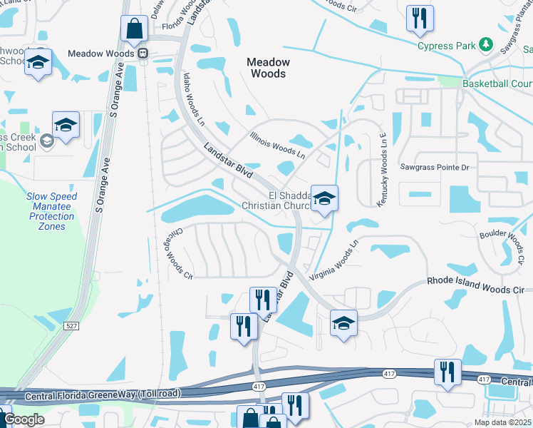 map of restaurants, bars, coffee shops, grocery stores, and more near 490 Kentucky Woods Lane West in Orlando