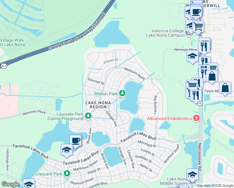 map of restaurants, bars, coffee shops, grocery stores, and more near Stoddart Avenue in Orlando